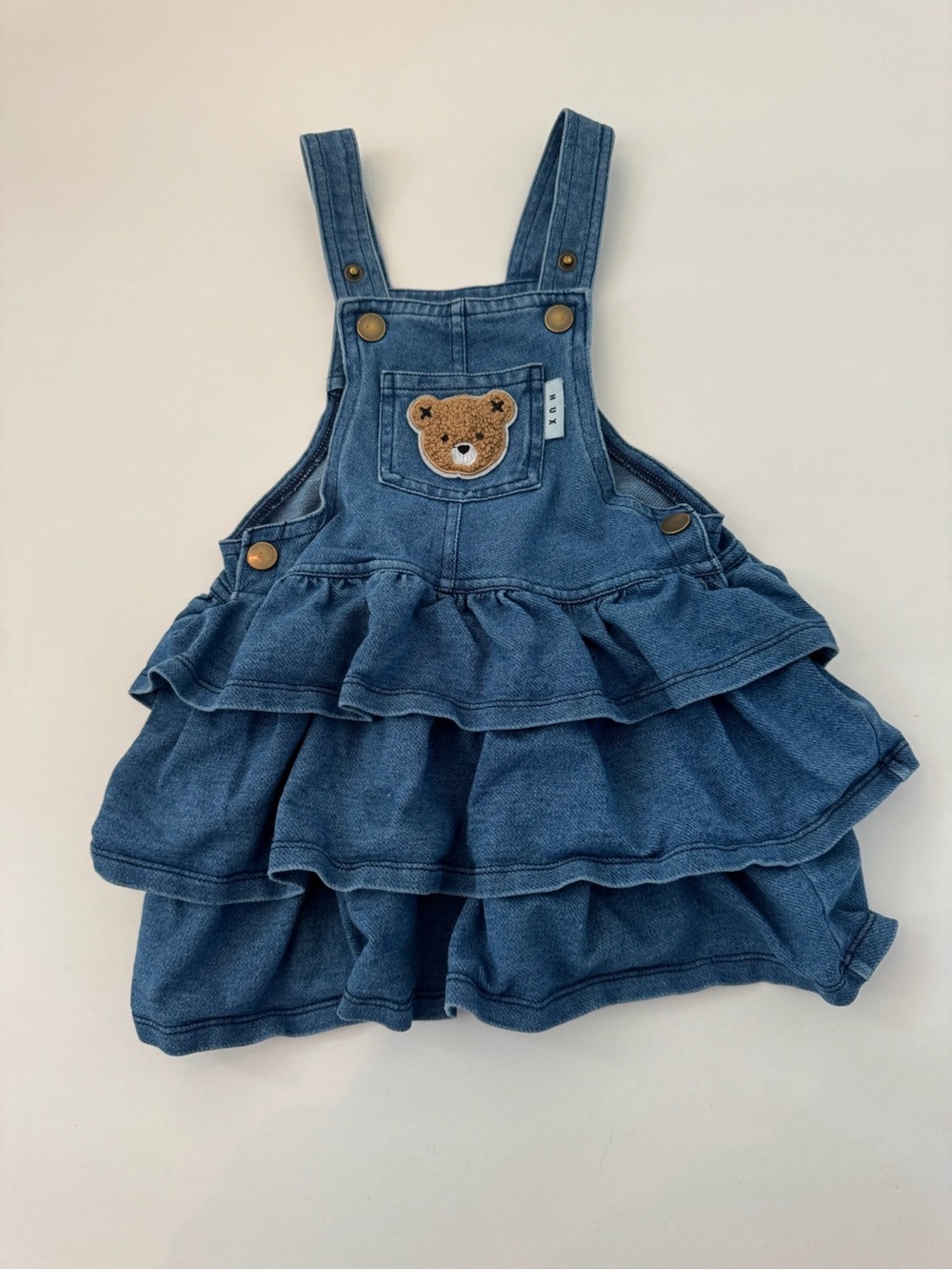 Huxbaby Denim Blue Ruffle Overall Dress with Bear - Kids